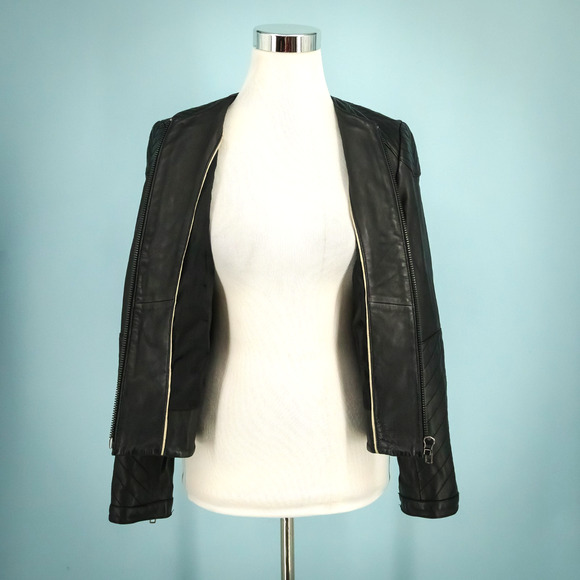 Tory Burch Size 4 Daphne Black Leather Quilted Zip Zipper Sleeve Jacket Coat - Picture 5 of 9